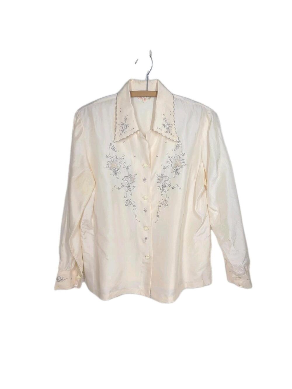Vintage 100% Silk Hand Embroidered Shirt Button Up Daffodil 38 Women's Medium